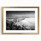 Minimalist Coastal Landscape Art – Weathered Pier in Black & White