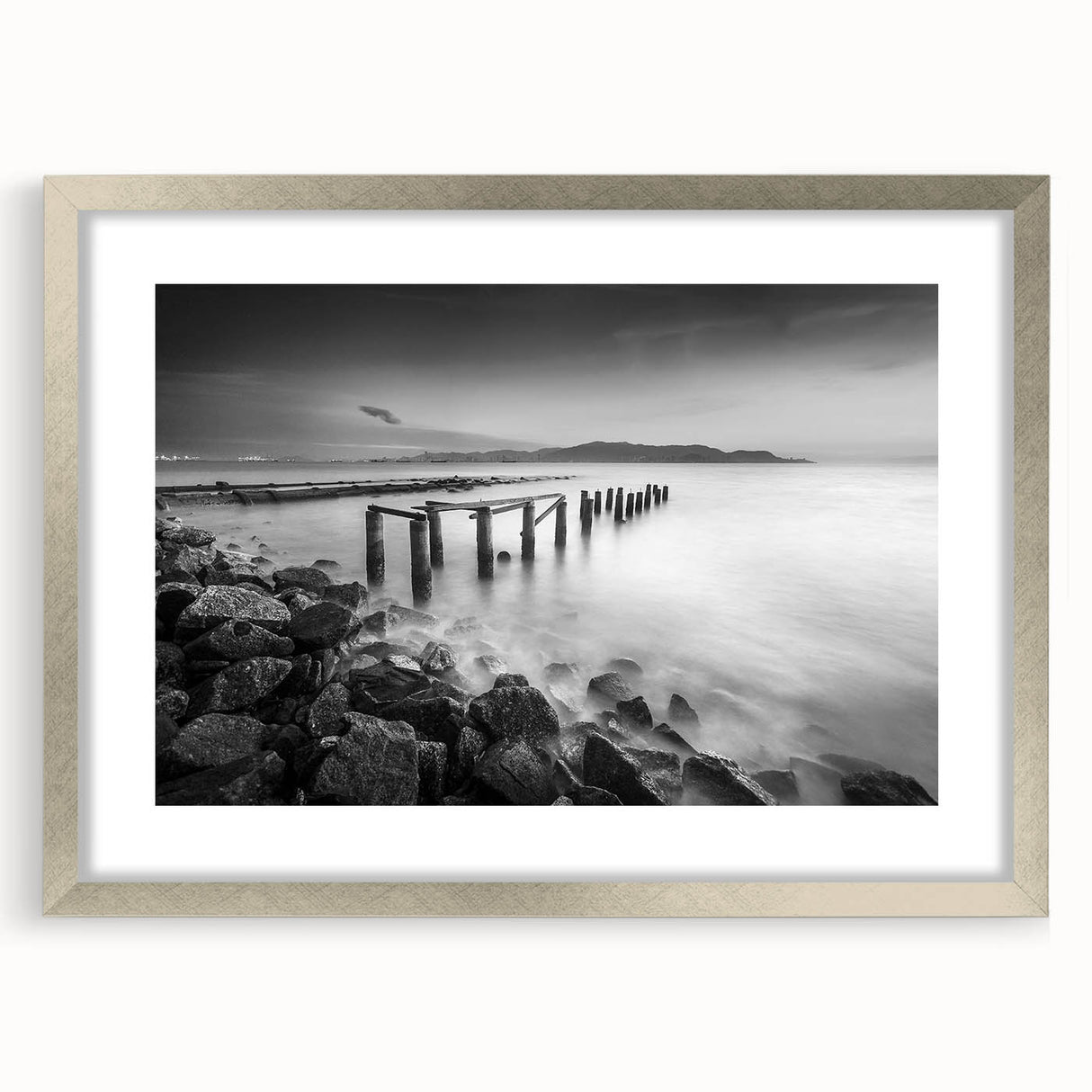 Minimalist Coastal Landscape Art – Weathered Pier in Black & White