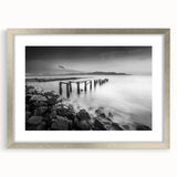 Minimalist Coastal Landscape Art – Weathered Pier in Black & White