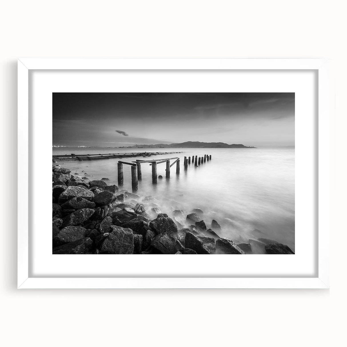 Minimalist Coastal Landscape Art – Weathered Pier in Black & White