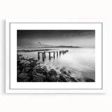 Minimalist Coastal Landscape Art – Weathered Pier in Black & White