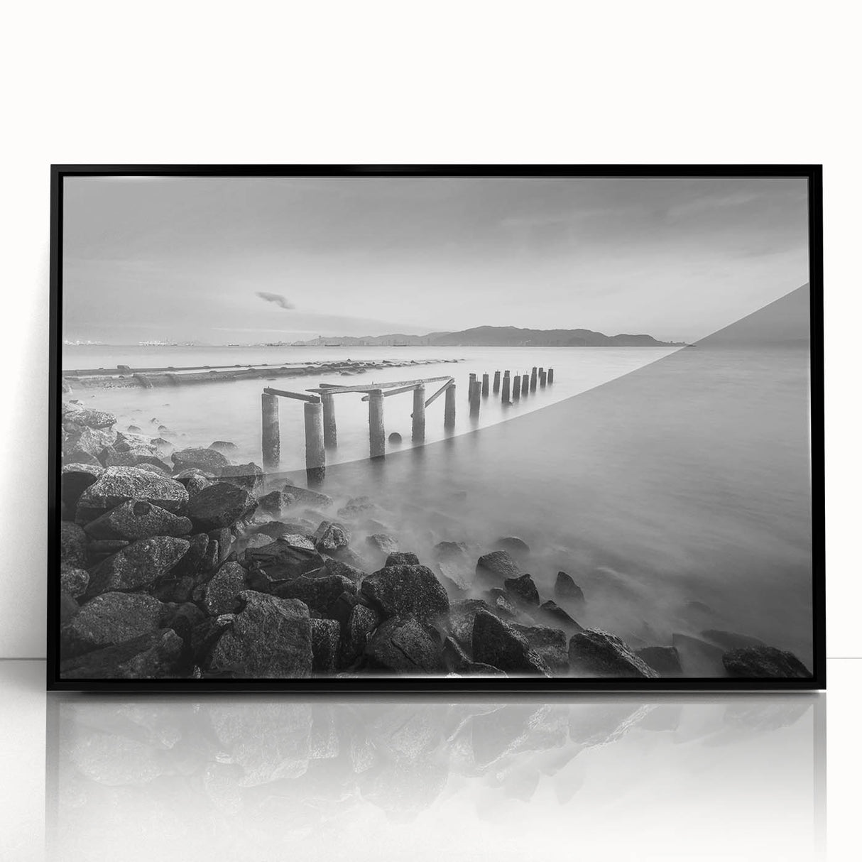Minimalist Coastal Landscape Art – Weathered Pier in Black & White