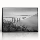 Minimalist Coastal Landscape Art – Weathered Pier in Black & White