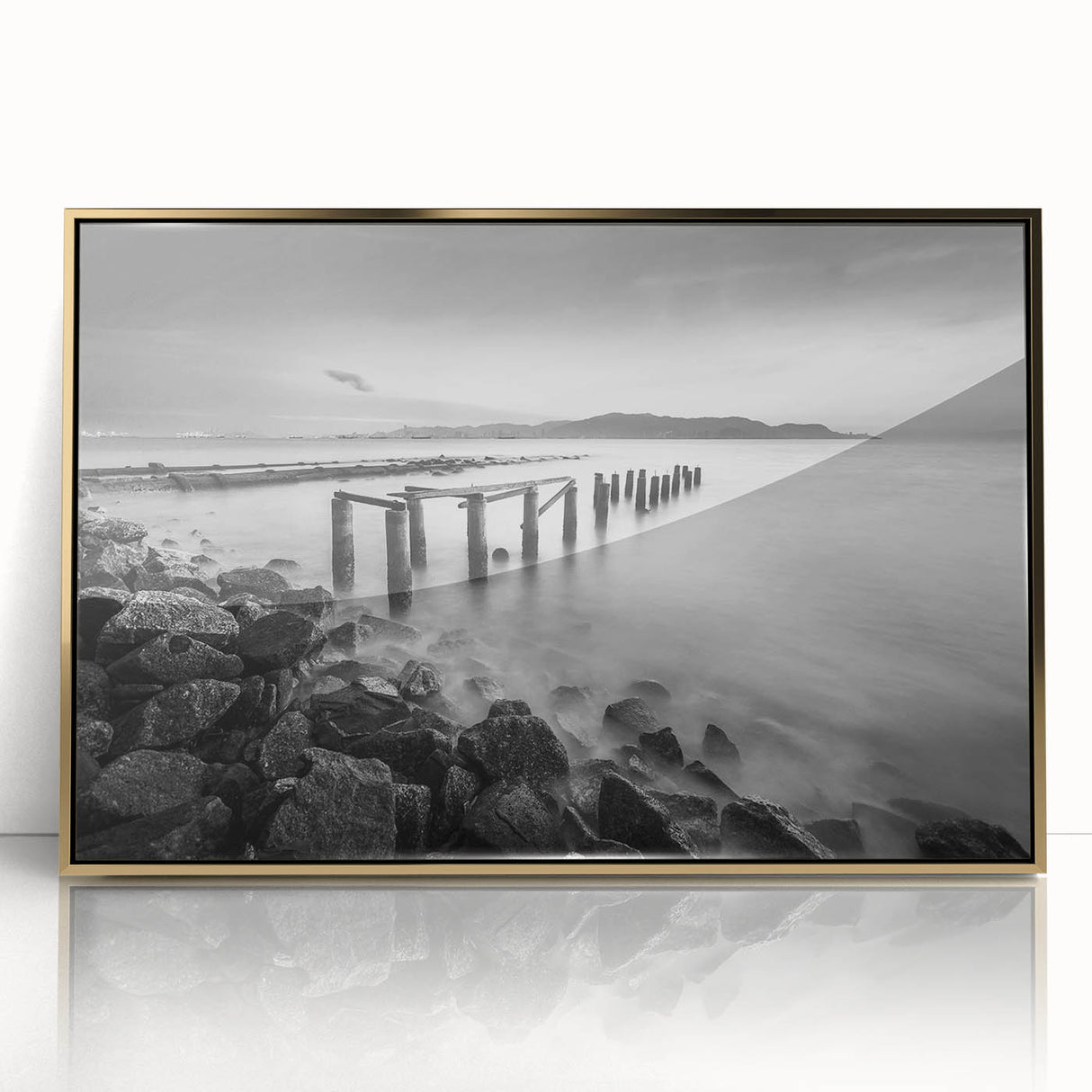 Minimalist Coastal Landscape Art – Weathered Pier in Black & White