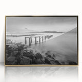 Minimalist Coastal Landscape Art – Weathered Pier in Black & White