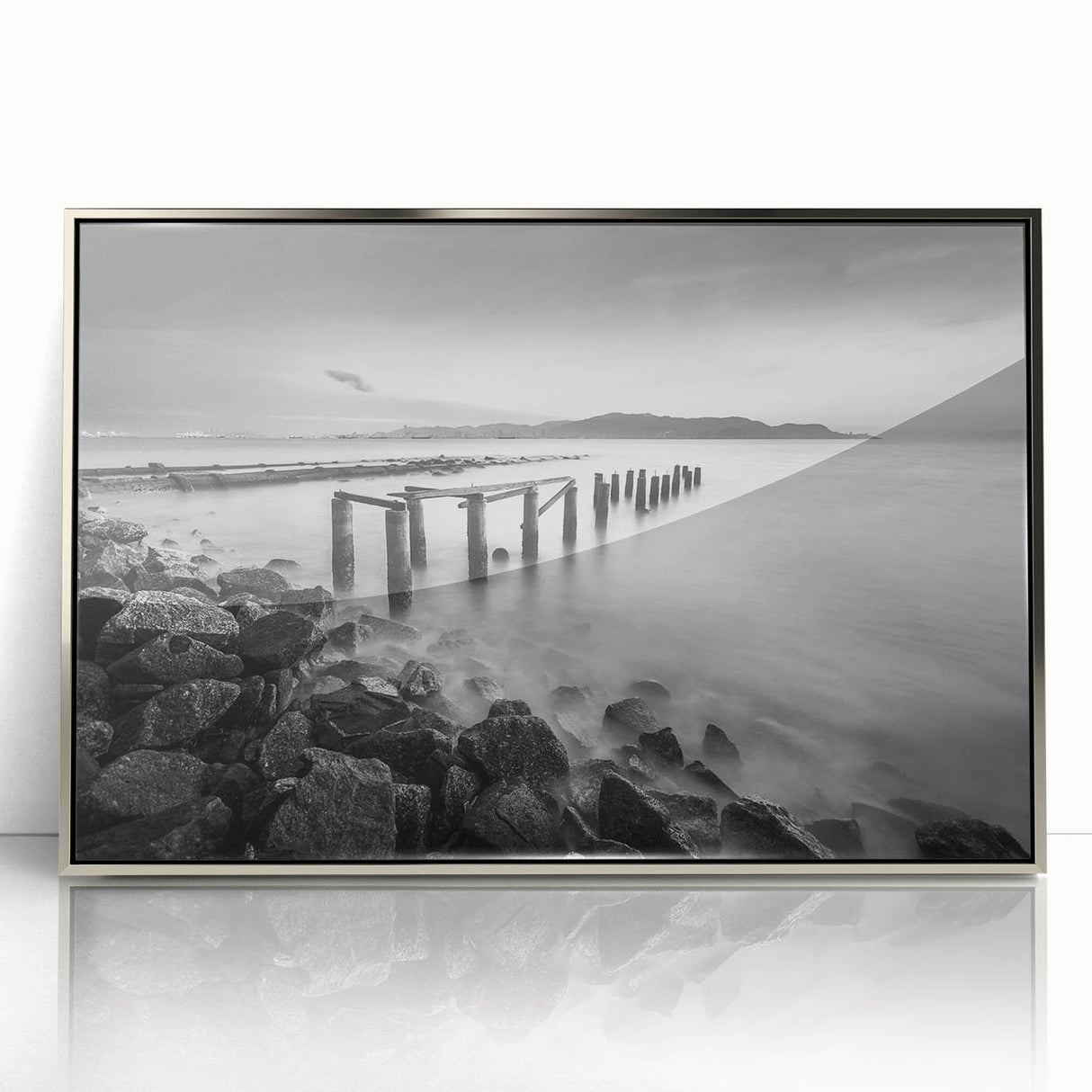 Minimalist Coastal Landscape Art – Weathered Pier in Black & White