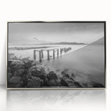 Minimalist Coastal Landscape Art – Weathered Pier in Black & White