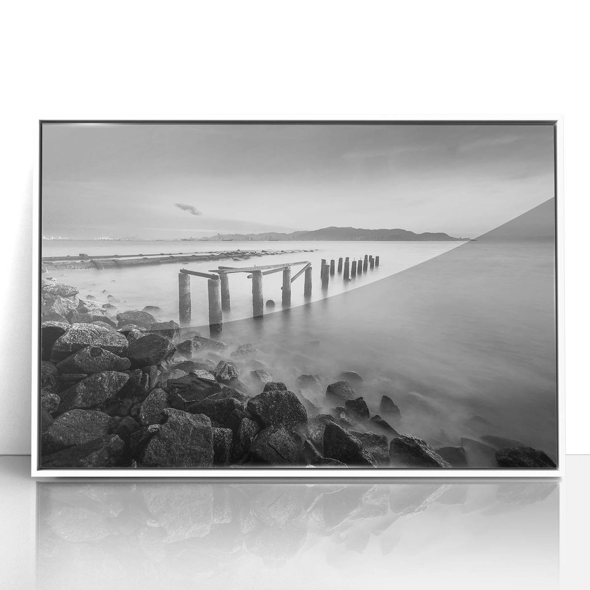 Minimalist Coastal Landscape Art – Weathered Pier in Black & White