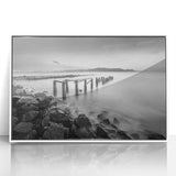 Minimalist Coastal Landscape Art – Weathered Pier in Black & White