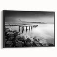 Minimalist Coastal Landscape Art – Weathered Pier in Black & White