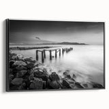 Minimalist Coastal Landscape Art – Weathered Pier in Black & White
