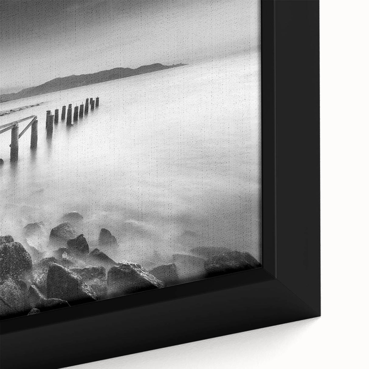 Minimalist Coastal Landscape Art – Weathered Pier in Black & White