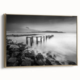 Minimalist Coastal Landscape Art – Weathered Pier in Black & White