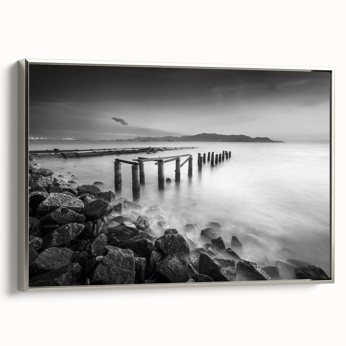 Minimalist Coastal Landscape Art – Weathered Pier in Black & White