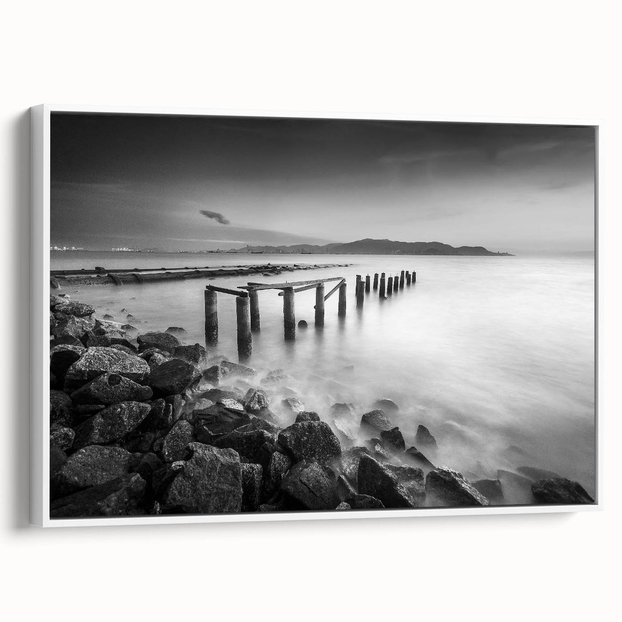 Minimalist Coastal Landscape Art – Weathered Pier in Black & White