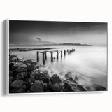 Minimalist Coastal Landscape Art – Weathered Pier in Black & White