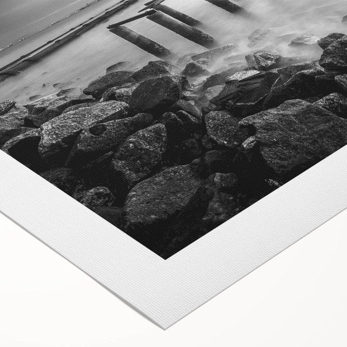 Minimalist Coastal Landscape Art – Weathered Pier in Black & White
