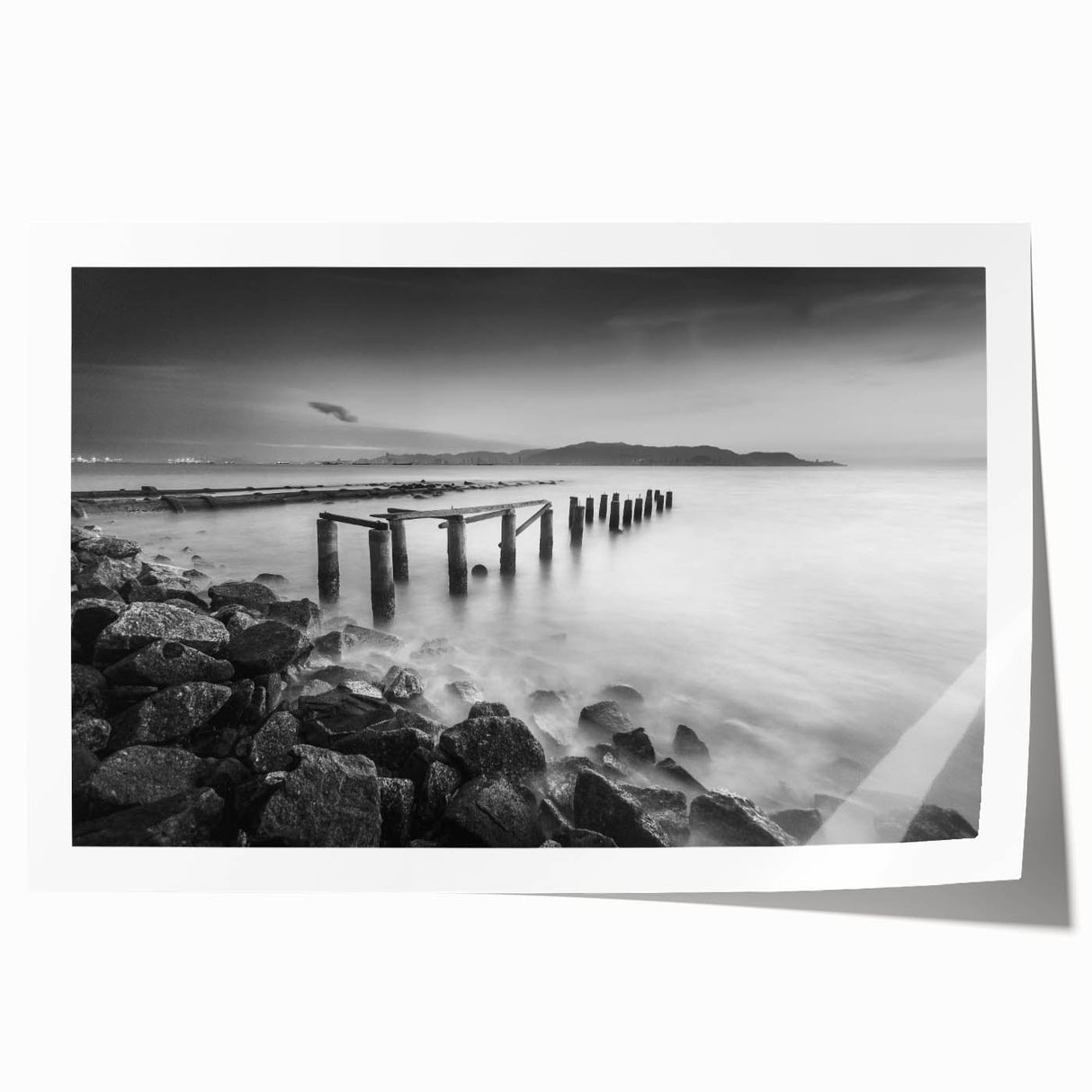 Minimalist Coastal Landscape Art – Weathered Pier in Black & White