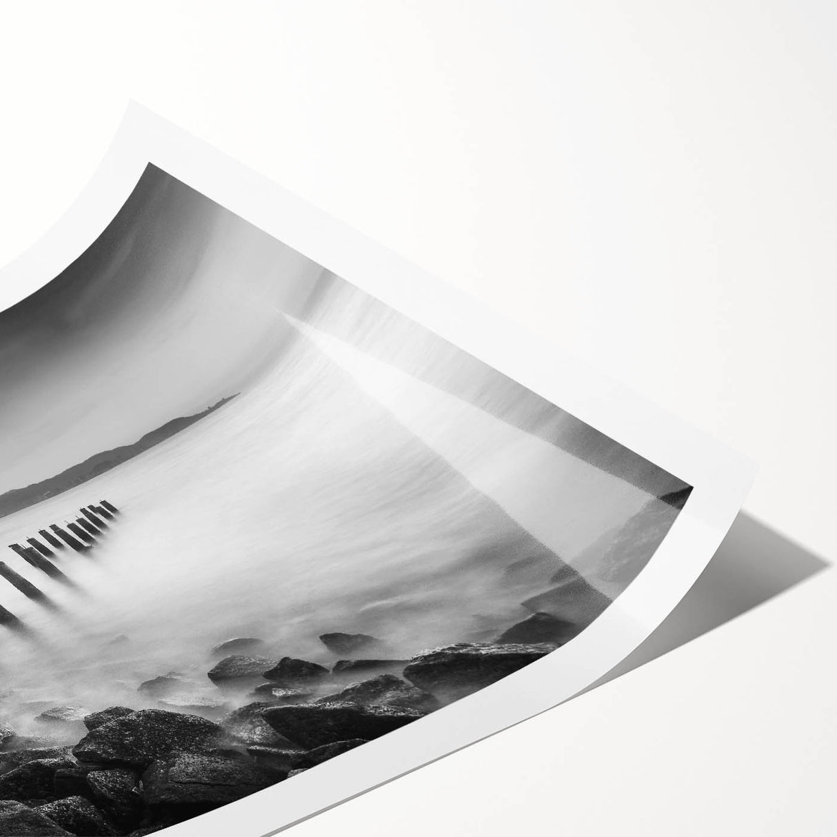 Minimalist Coastal Landscape Art – Weathered Pier in Black & White