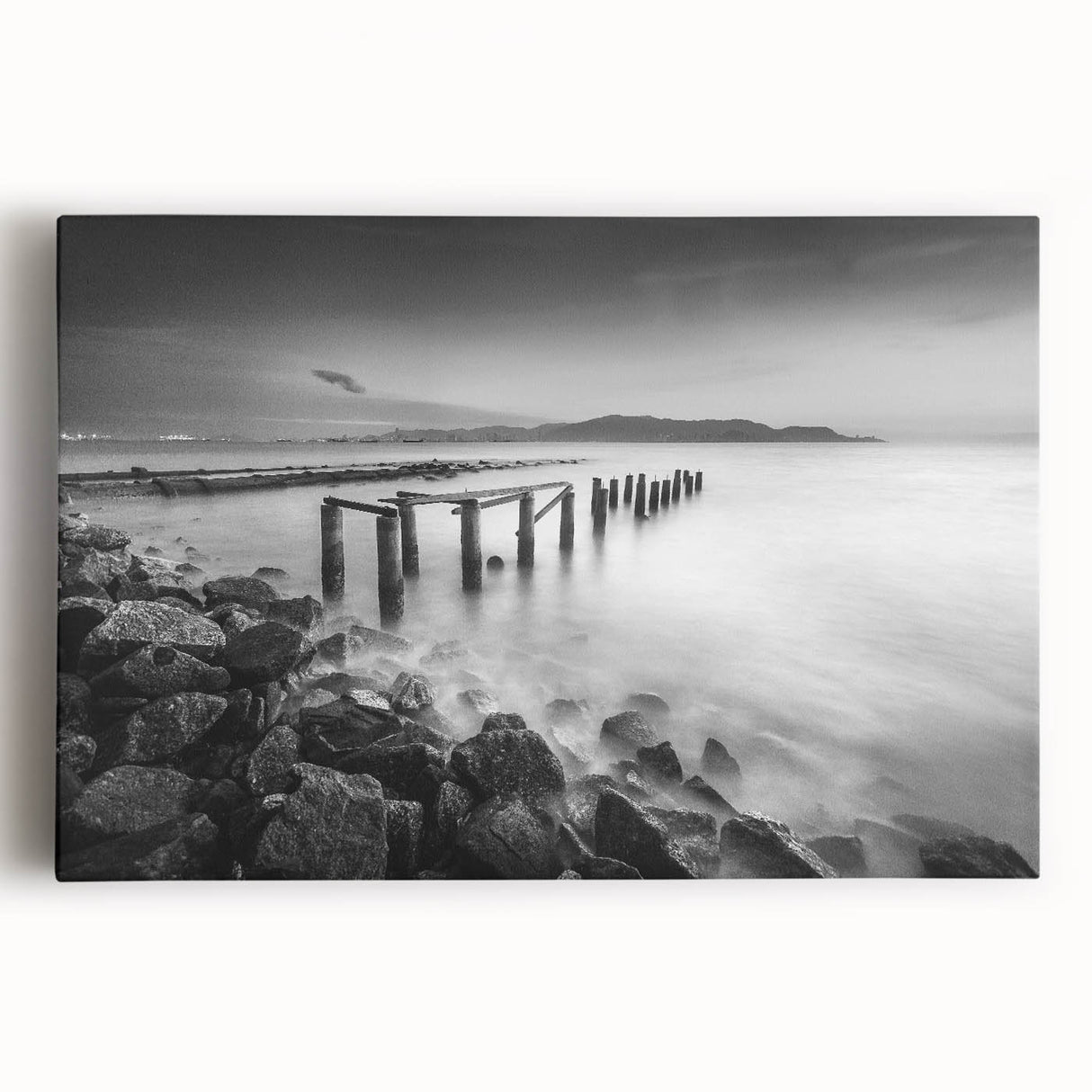 Minimalist Coastal Landscape Art – Weathered Pier in Black & White