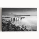 Minimalist Coastal Landscape Art – Weathered Pier in Black & White