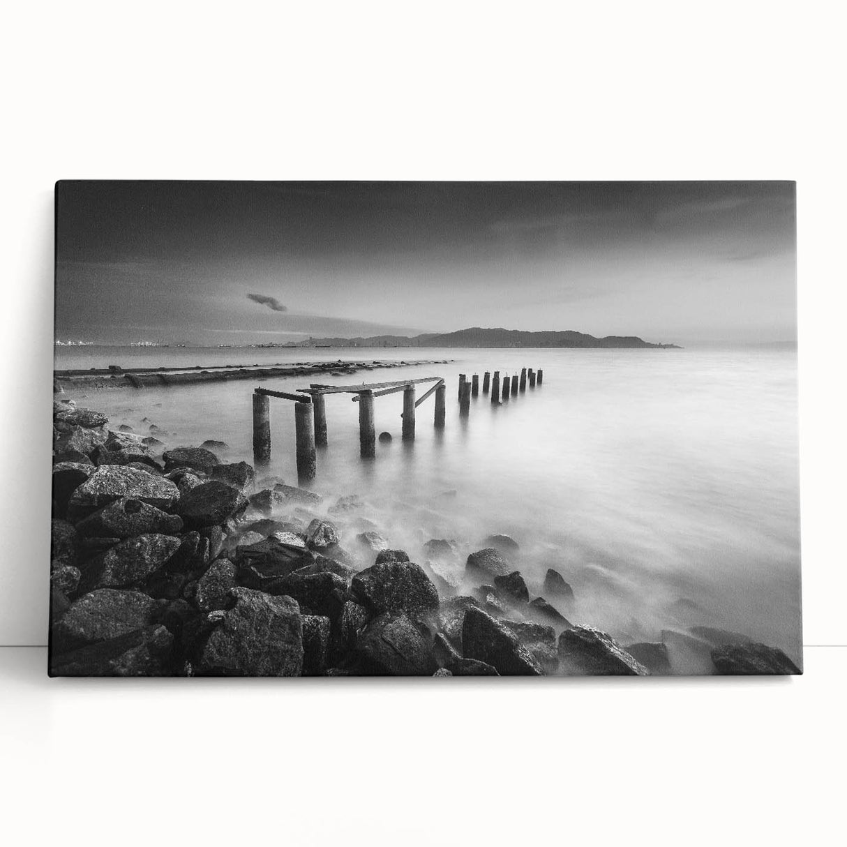 Minimalist Coastal Landscape Art – Weathered Pier in Black & White