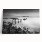 Minimalist Coastal Landscape Art – Weathered Pier in Black & White