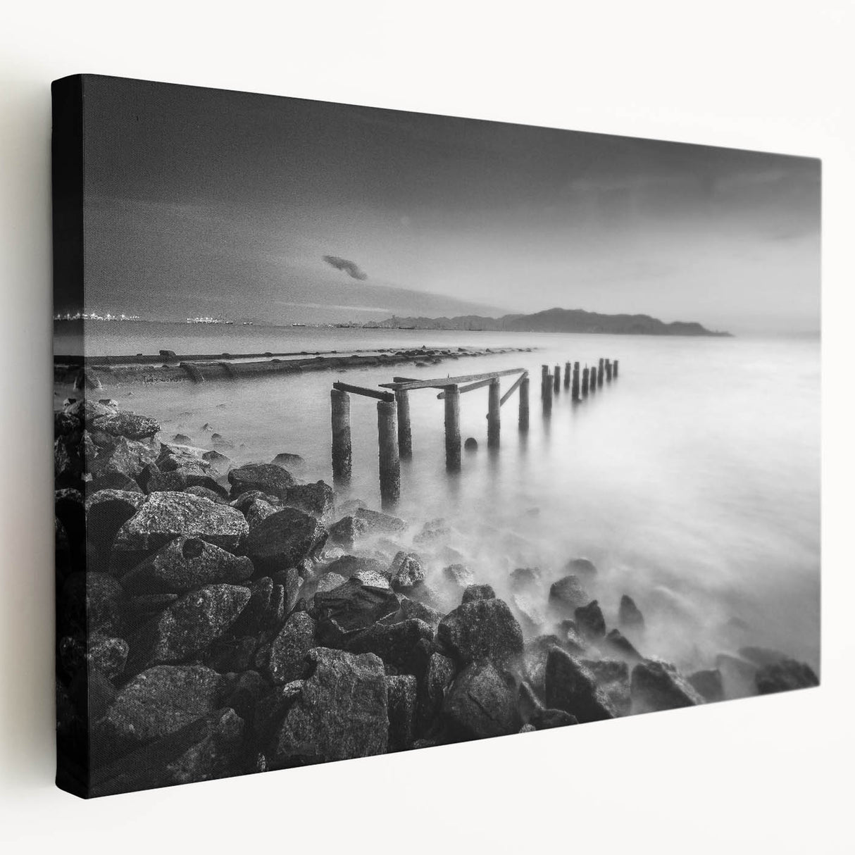 Minimalist Coastal Landscape Art – Weathered Pier in Black & White