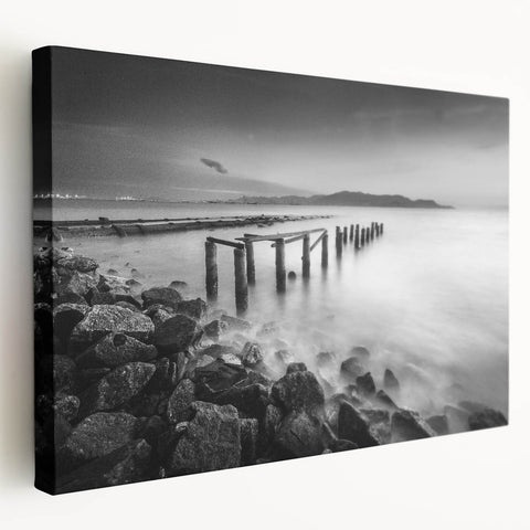 Minimalist Coastal Landscape Art – Weathered Pier in Black & White