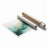 Modern Fluid Art Print – Teal & Gold Abstract Canvas Decor