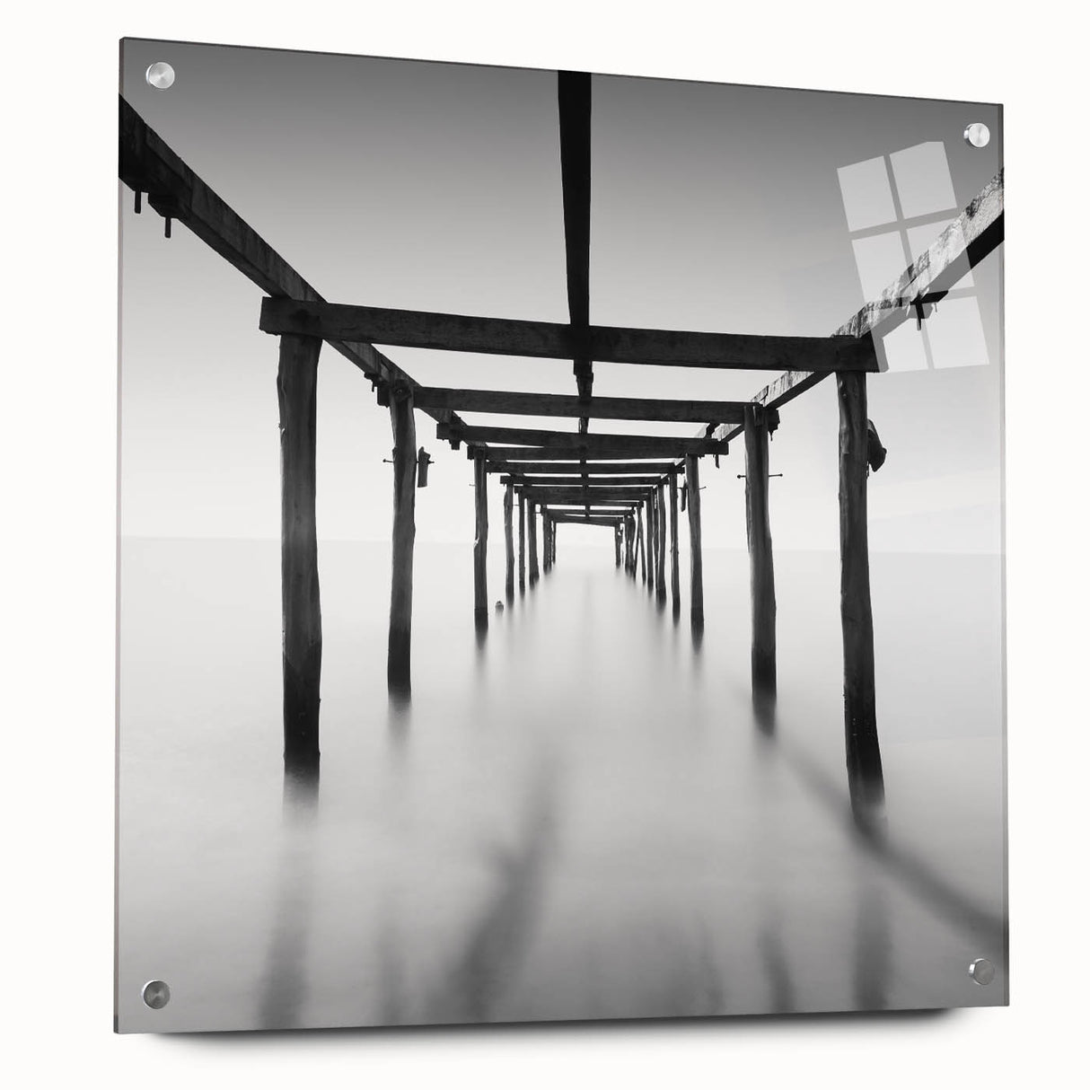 Minimalist Coastal Landscape Art – Pier Perspective in Monochrome