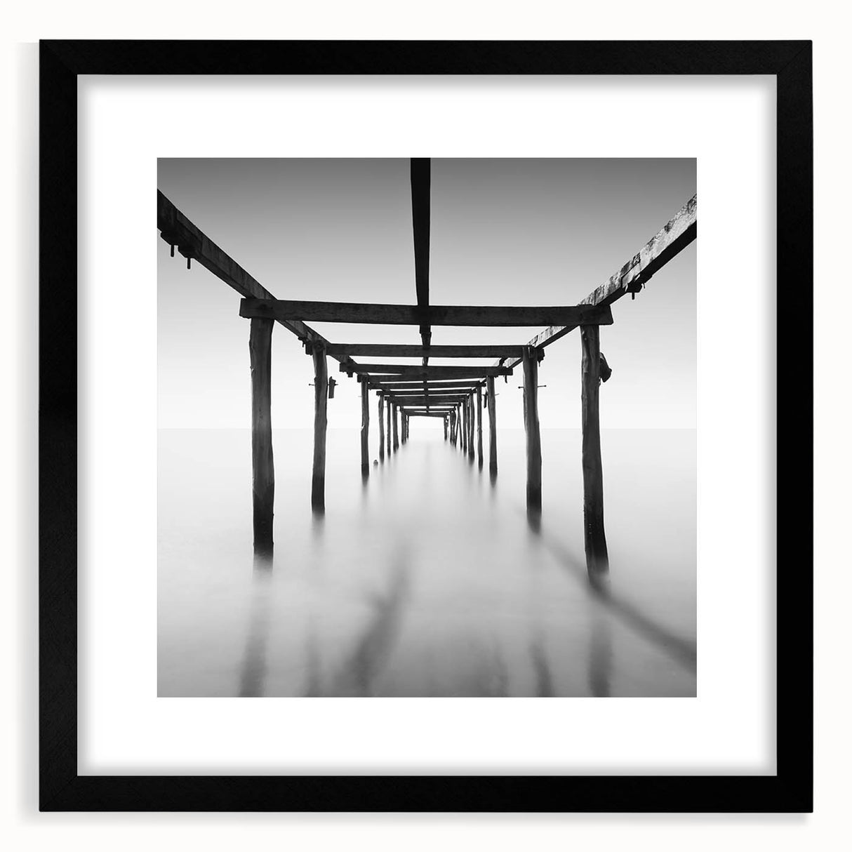 Minimalist Coastal Landscape Art – Pier Perspective in Monochrome