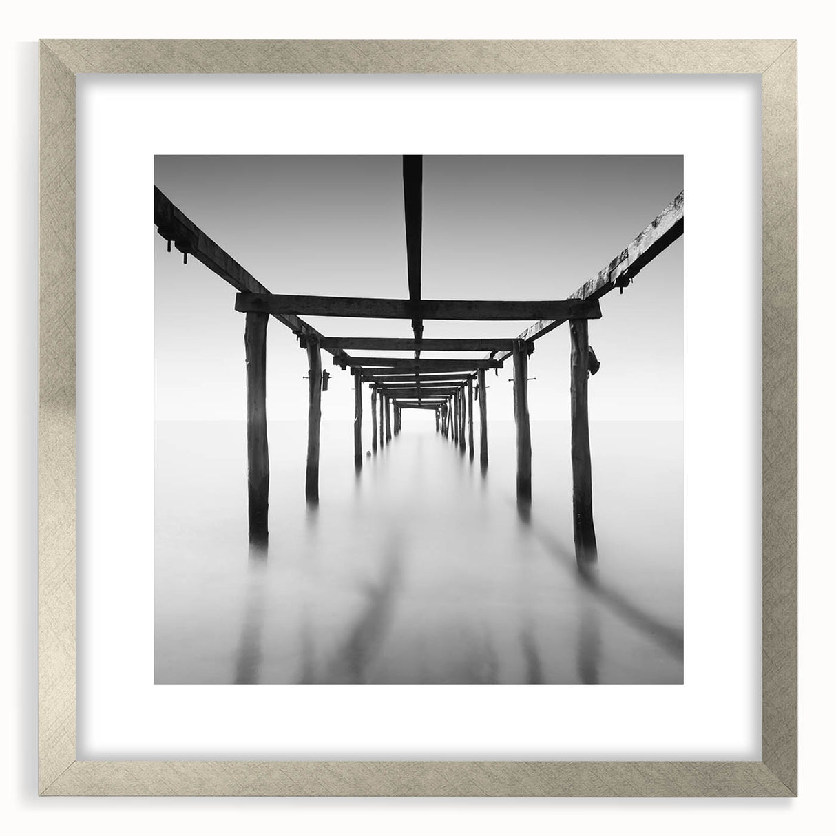 Minimalist Coastal Landscape Art – Pier Perspective in Monochrome