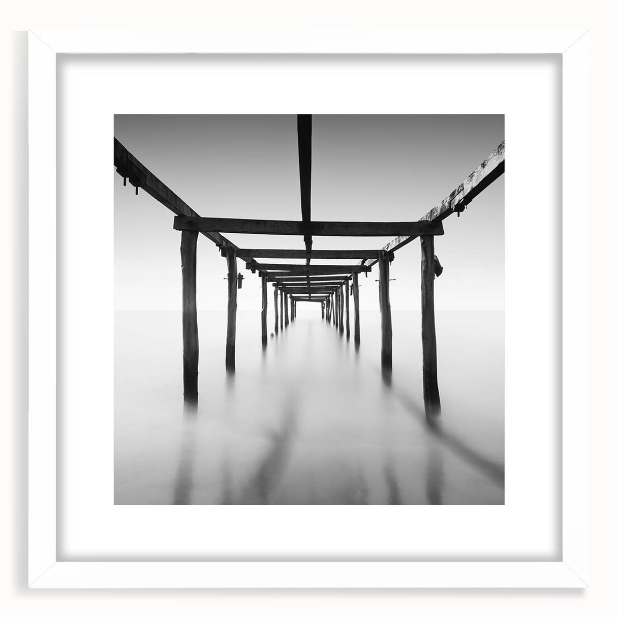 Minimalist Coastal Landscape Art – Pier Perspective in Monochrome