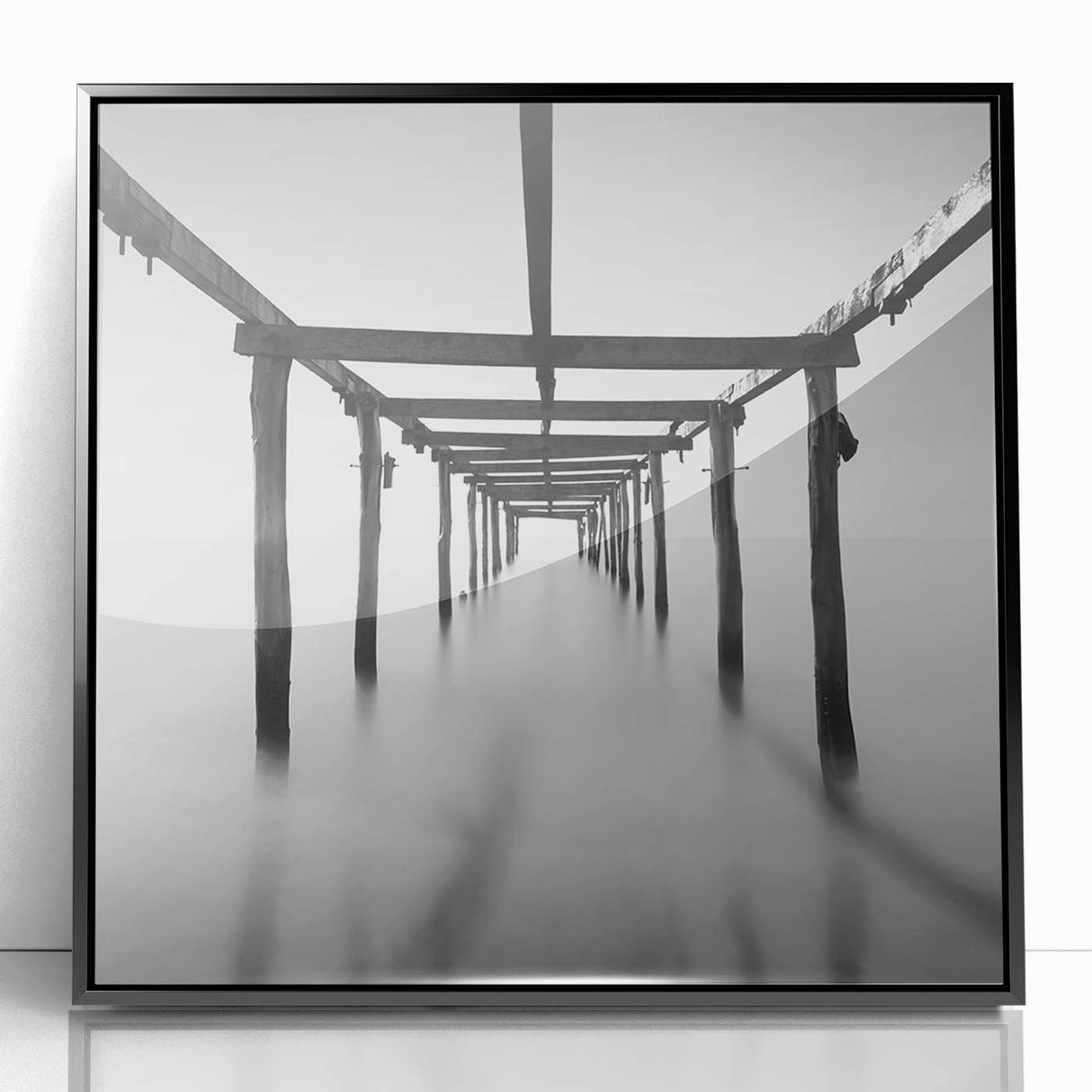 Minimalist Coastal Landscape Art – Pier Perspective in Monochrome