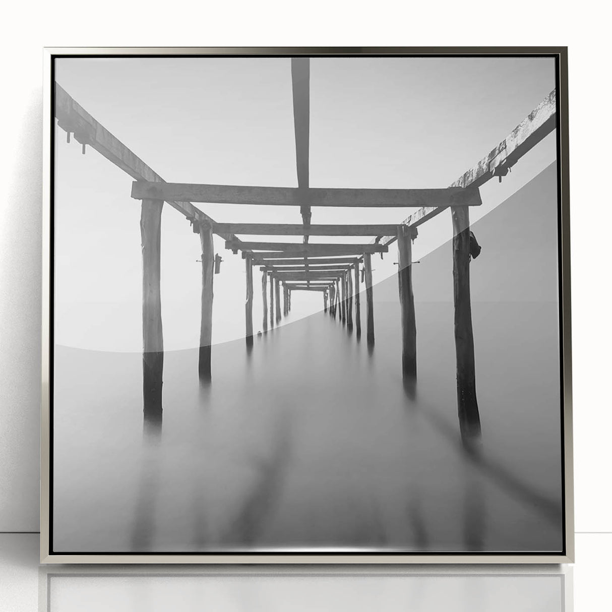 Minimalist Coastal Landscape Art – Pier Perspective in Monochrome