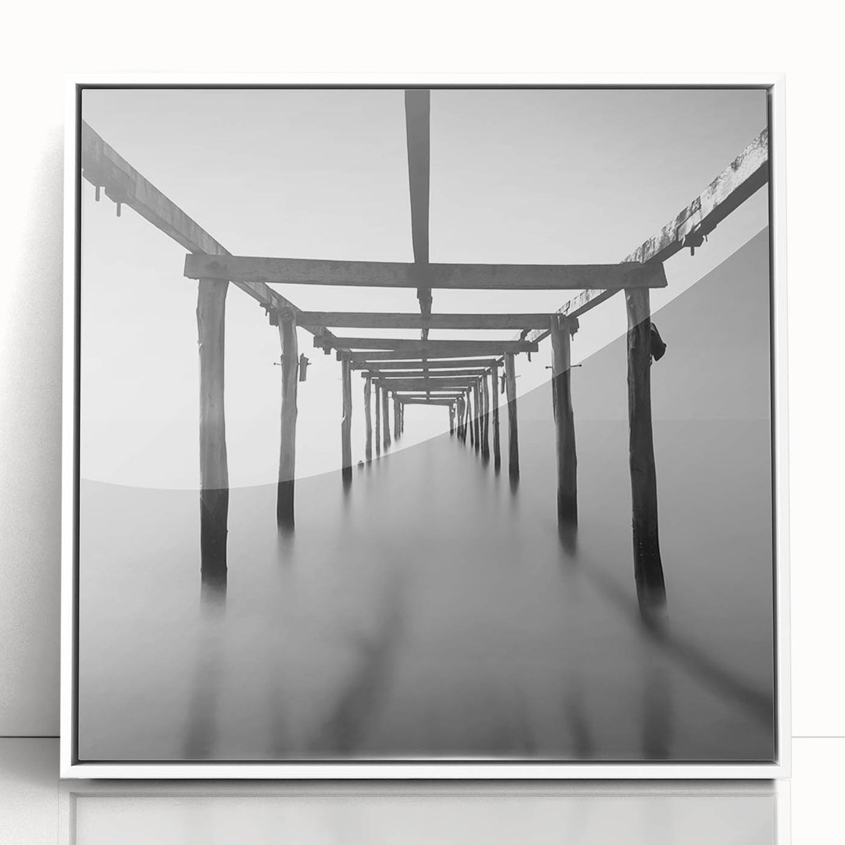 Minimalist Coastal Landscape Art – Pier Perspective in Monochrome