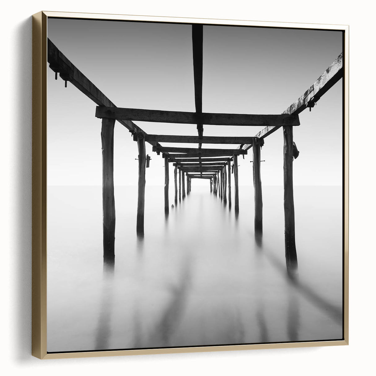 Minimalist Coastal Landscape Art – Pier Perspective in Monochrome