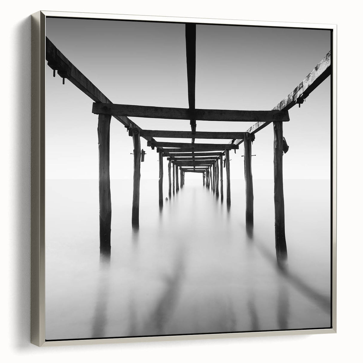 Minimalist Coastal Landscape Art – Pier Perspective in Monochrome