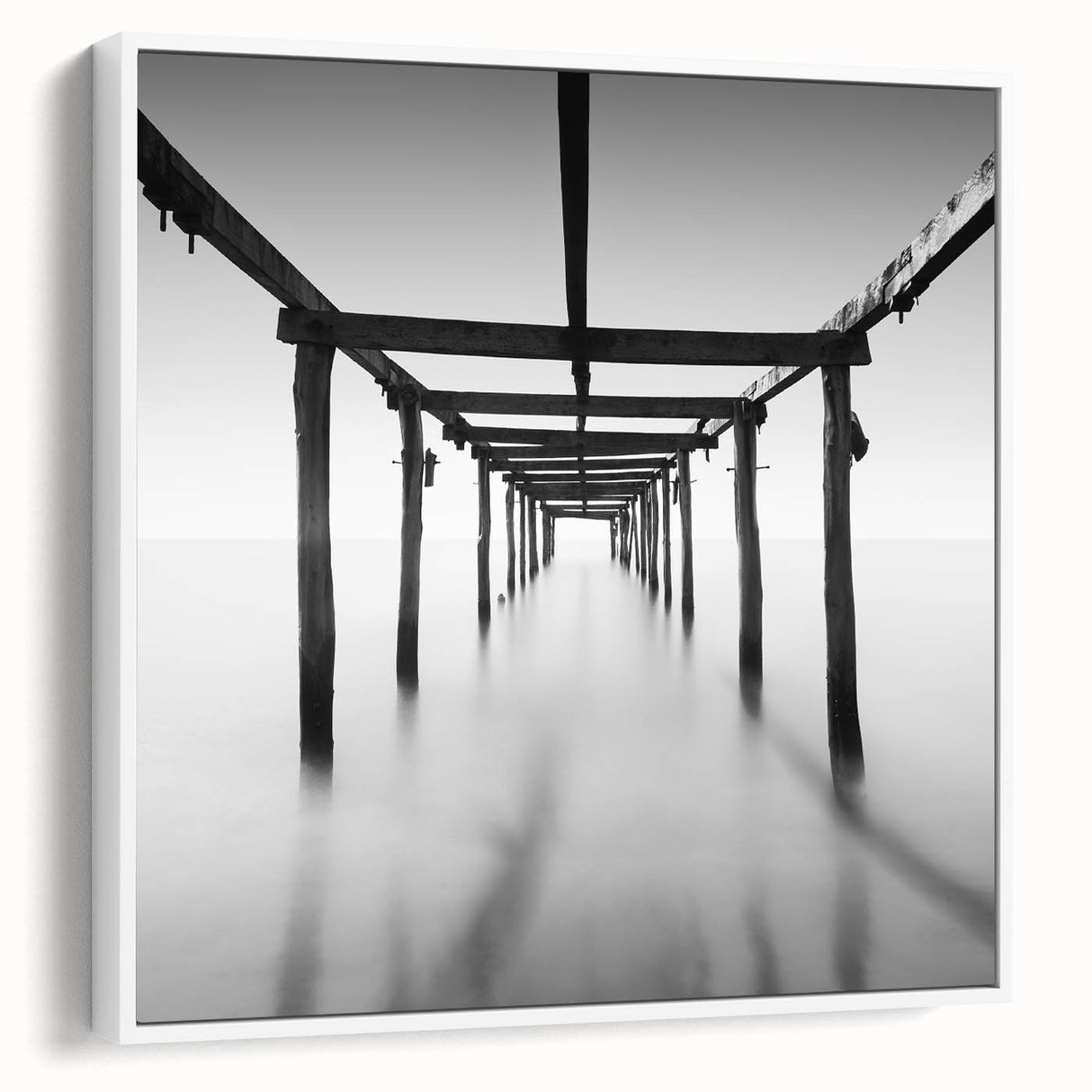 Minimalist Coastal Landscape Art – Pier Perspective in Monochrome