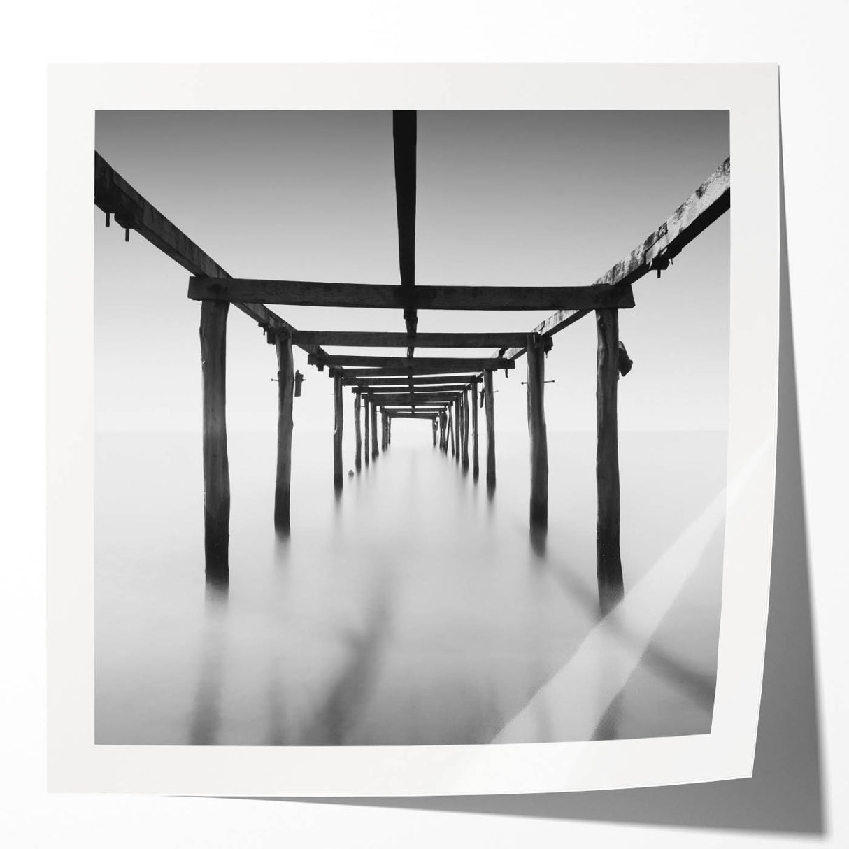 Minimalist Coastal Landscape Art – Pier Perspective in Monochrome