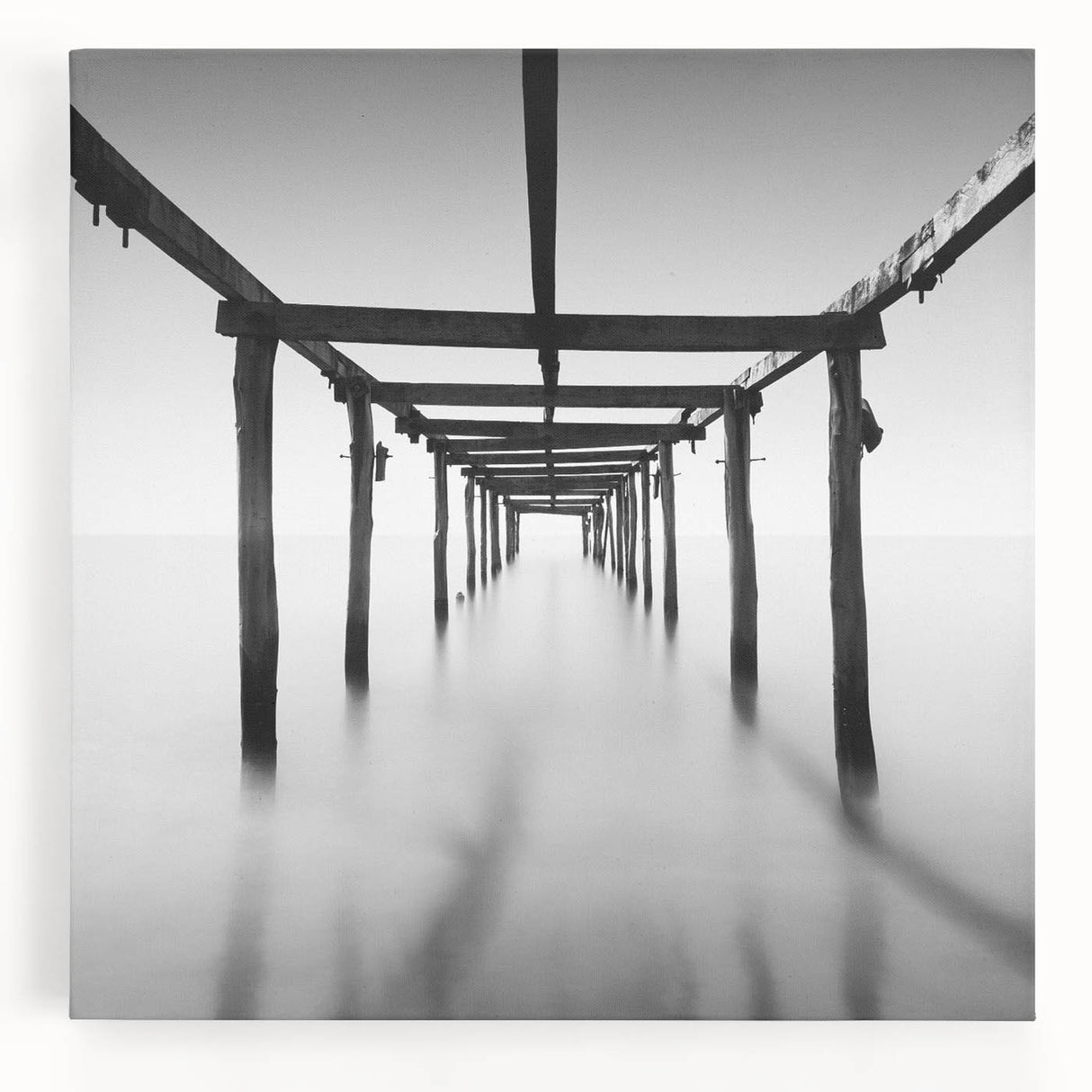 Minimalist Coastal Landscape Art – Pier Perspective in Monochrome