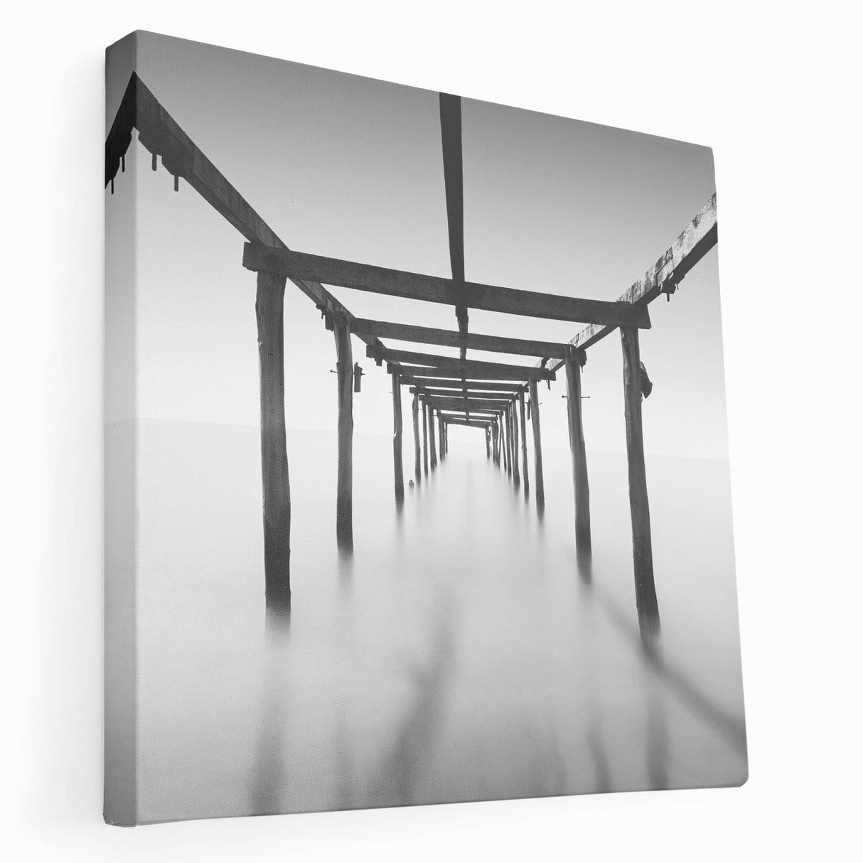 Minimalist Coastal Landscape Art – Pier Perspective in Monochrome