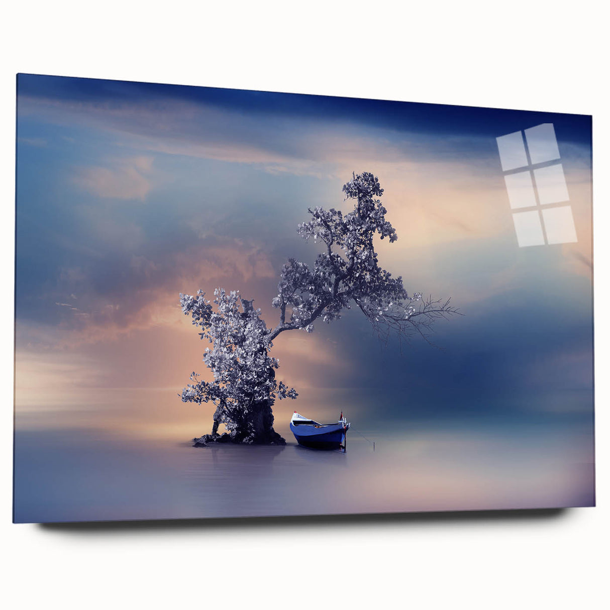 Contemporary Minimalist Nature Art – Tranquil Boat and Tree Scene