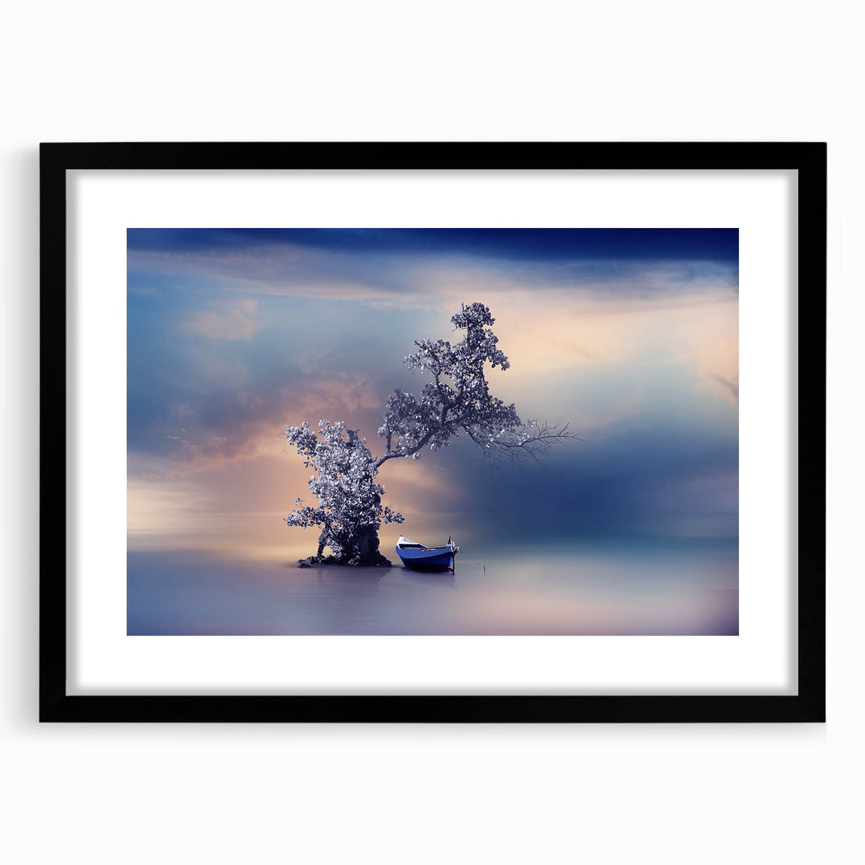 Contemporary Minimalist Nature Art – Tranquil Boat and Tree Scene
