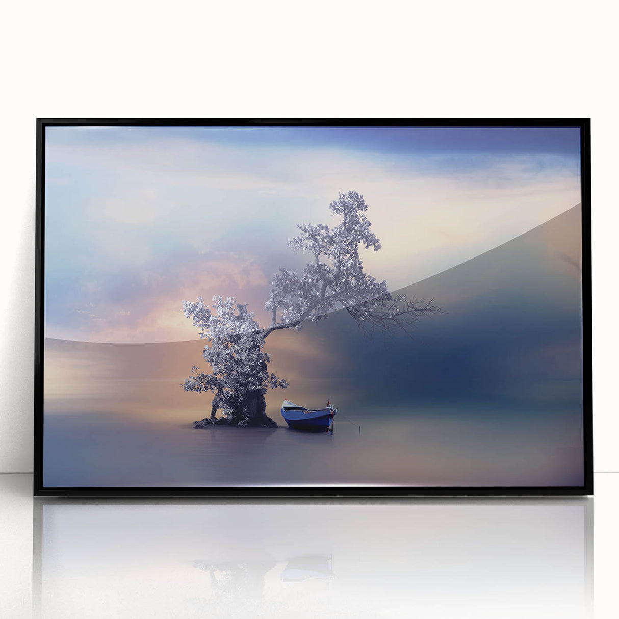 Contemporary Minimalist Nature Art – Tranquil Boat and Tree Scene