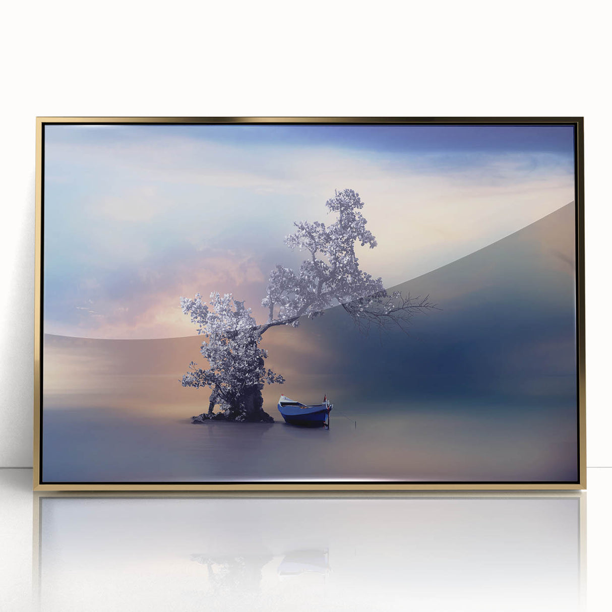 Contemporary Minimalist Nature Art – Tranquil Boat and Tree Scene