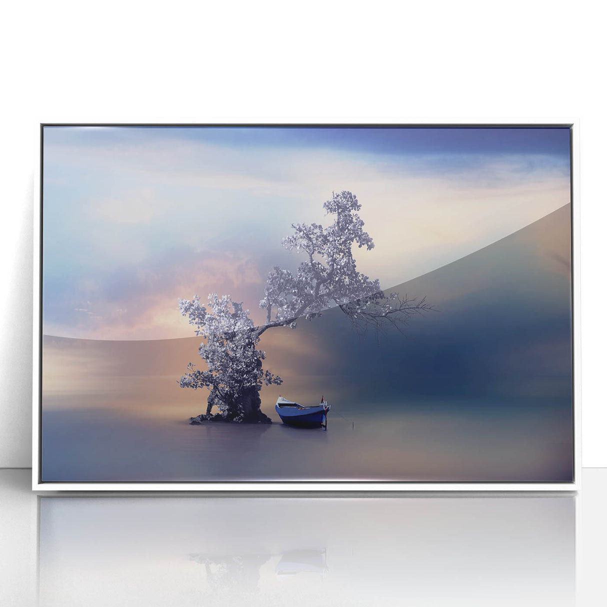 Contemporary Minimalist Nature Art – Tranquil Boat and Tree Scene