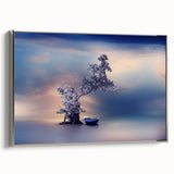 Contemporary Minimalist Nature Art – Tranquil Boat and Tree Scene