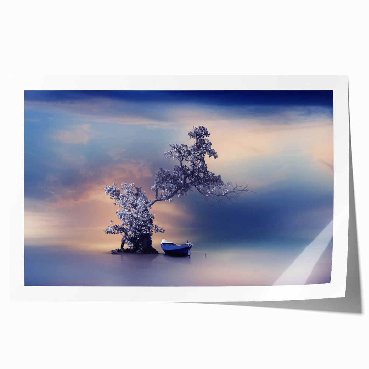 Contemporary Minimalist Nature Art – Tranquil Boat and Tree Scene